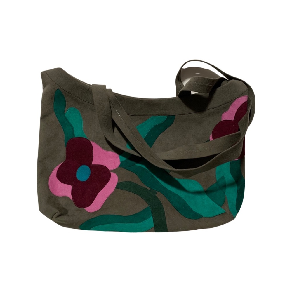 Handmade Faux Suede Floral Tote Purse in Charcoal Grey